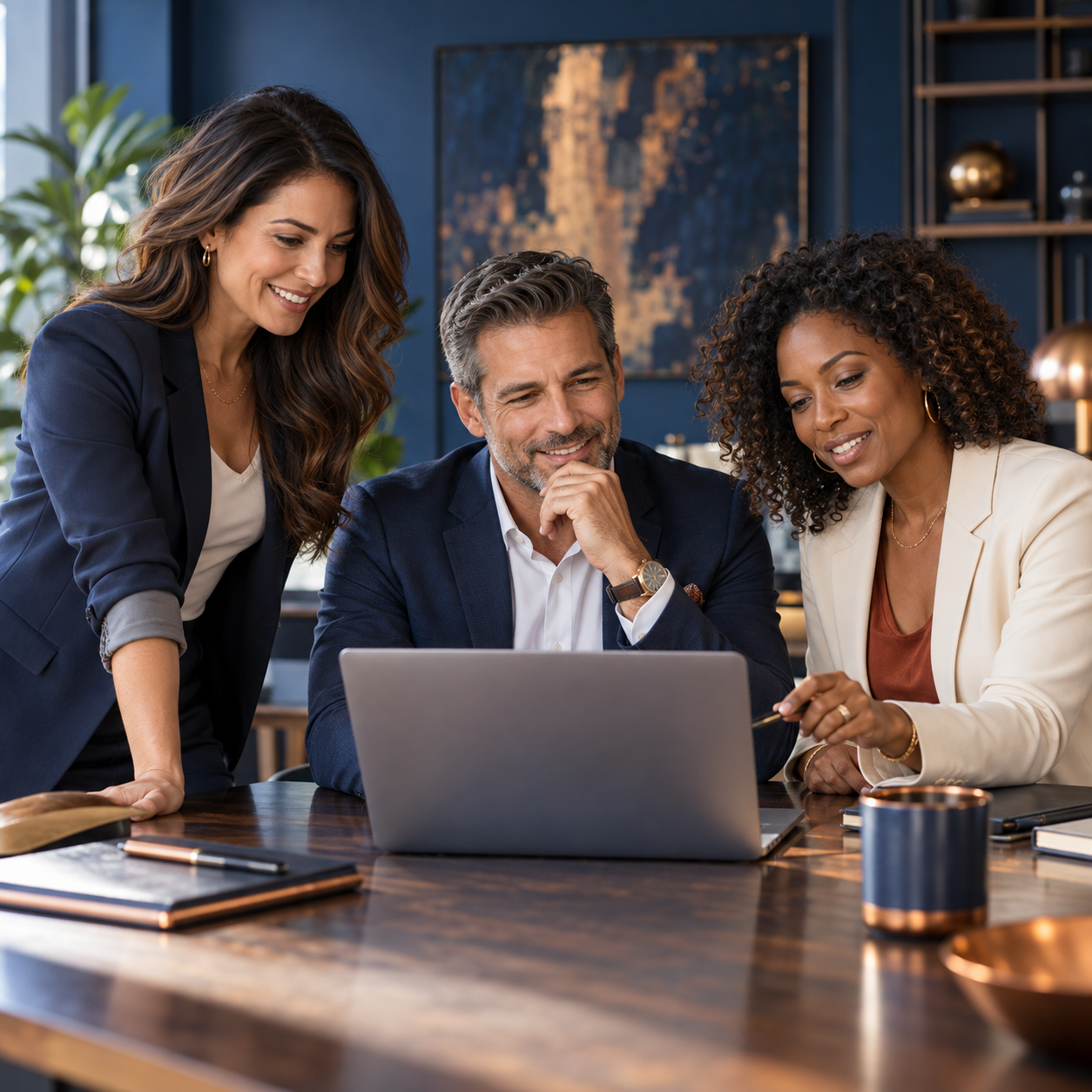 Illustrative image of two women and one man collaborating in a modern business setting